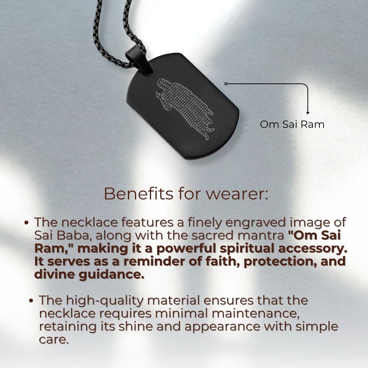 Om Sai Ram Inlay MicroCarved Tag Necklace