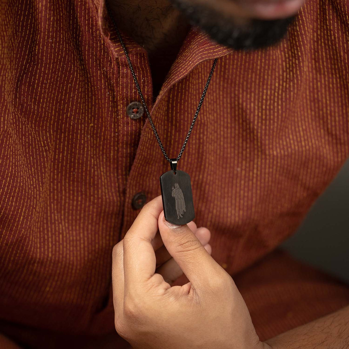 Om Sai Ram Inlay MicroCarved Tag Necklace